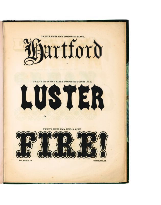 antique original wood type specimen catalog from wood type manufacturers in the 1800s featuring Tuscan Italian type