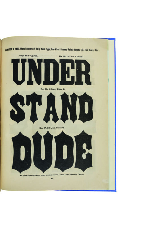antique original wood type specimen catalog from wood type manufacturers in the 1800s featuring Tuscan Italian type