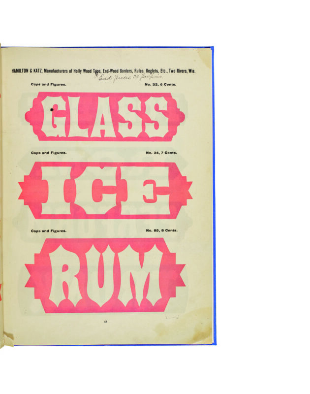 antique original wood type specimen catalog from wood type manufacturers in the 1800s featuring Streamer No. 138 type