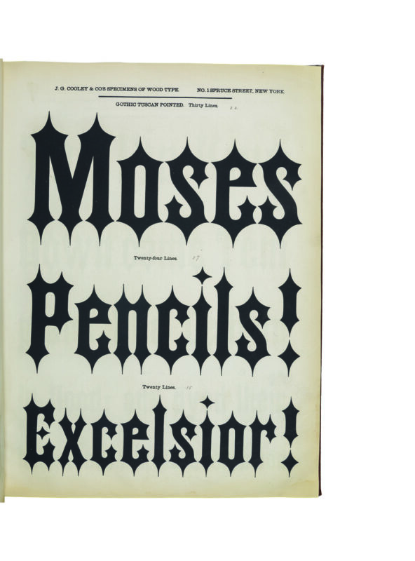 antique original wood type specimen catalog from wood type manufacturers in the 1800s featuring Gothic Tuscan Pointed type
