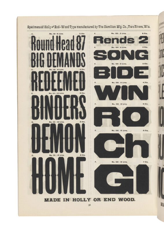 antique original wood type specimen catalog from wood type manufacturers in the 1800s featuring Gothic Tuscan No. 5 type