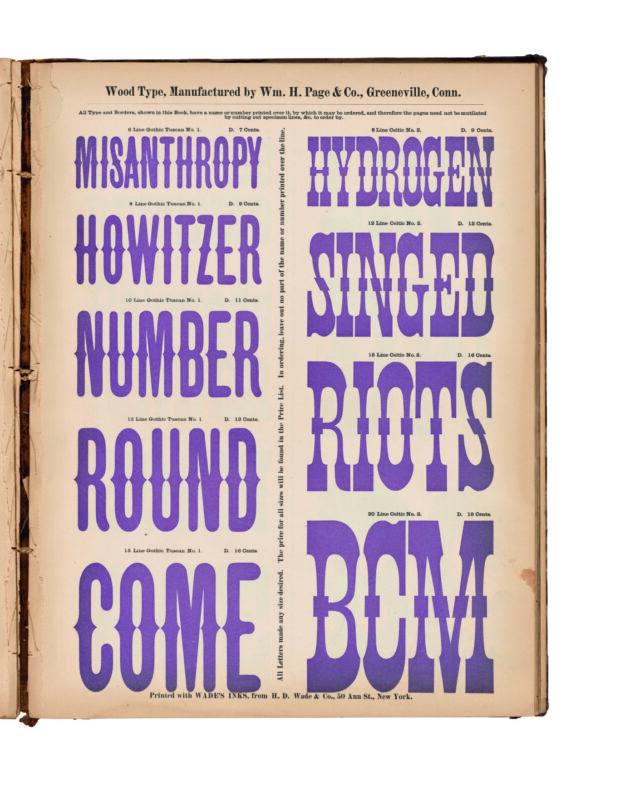 antique original wood type specimen catalog from wood type manufacturers in the 1800s featuring Gothic Tuscan No. 1 type