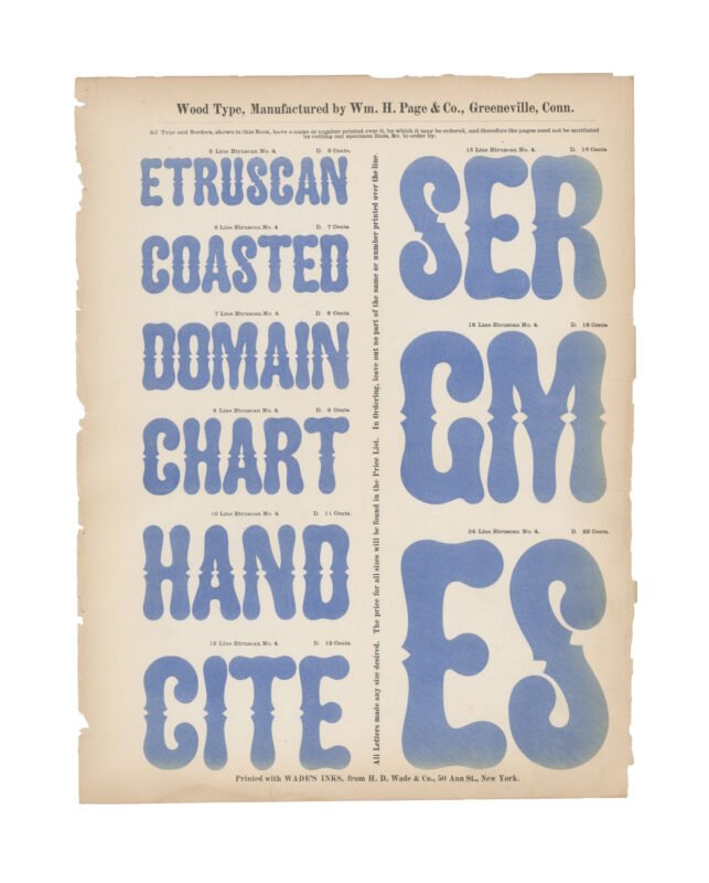 antique original wood type specimen catalog from wood type manufacturers in the 1800s featuring Etruscan No. 4 type