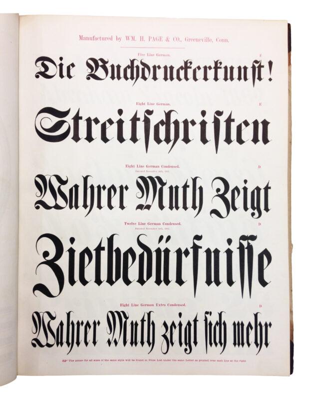 antique original wood type specimen catalog from wood type manufacturers in the 1800s featuring German Condensed type