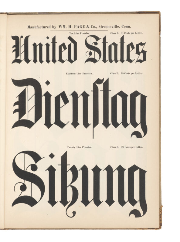 antique original wood type specimen catalog from wood type manufacturers in the 1800s featuring Prussian type