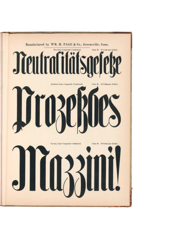 antique original wood type specimen catalog from wood type manufacturers in the 1800s featuring Composite Condensed type