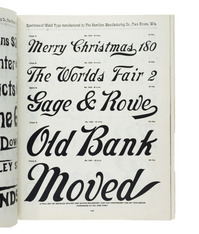 antique original wood type specimen catalog from wood type manufacturers in the 1800s featuring No. 226 Outline type