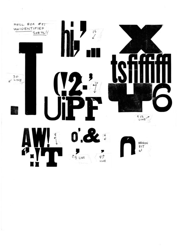 prints of miscellaneous unidentified numbers and letters arranged with annotations about line height