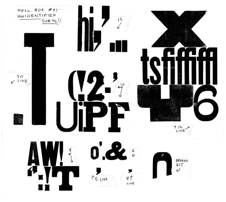 prints of miscellaneous unidentified numbers and letters arranged with annotations about line height