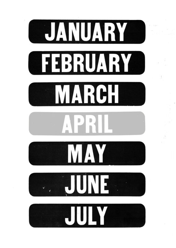 wood block prints from the Hamilton Perpetual Calendar No. 13 set showing the name of every month. This specimen shows January, February, April, May, June, July.