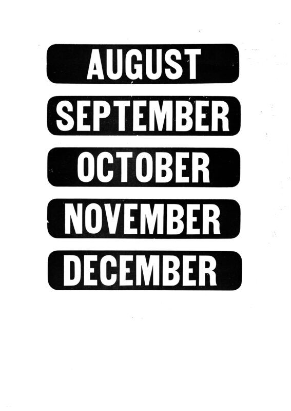 wood block prints from the Calendar No. 13 set showing the name of every month. This specimen shows August, September, October, November, December.