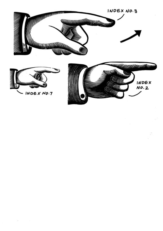 multiple manicule or finger wood cuts pointing to the right with annotations labeling the historically recorded name of the cut