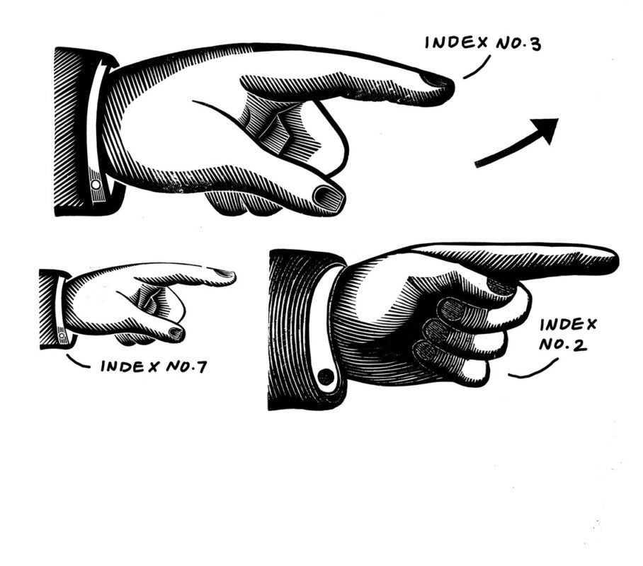 multiple manicule or finger wood cuts pointing to the right with annotations labeling the historically recorded name of the cut