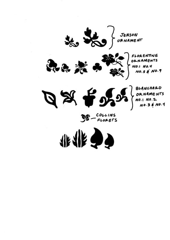 floral and natural ornaments with annotations labeling the historically recorded names of the cuts