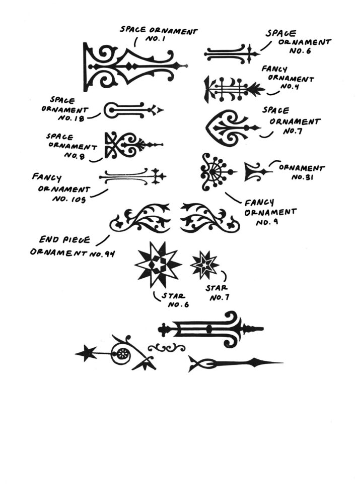 intricate ornaments, pointers, and stars with annotations labeling the historically recorded names of the cuts