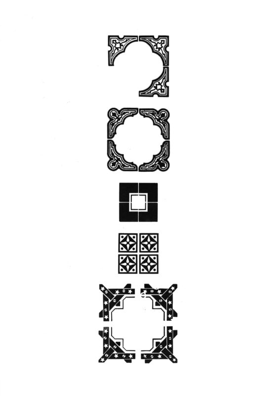five sets of corners, many intricate in design