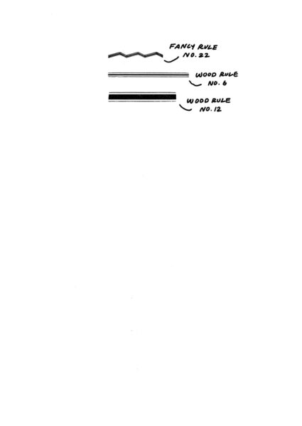 different lengths and heights of wood rule with double grooves, one zig-zag, with annotations labeling the historically recorded names of the cuts