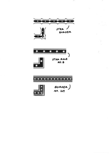three sizes of double-groove star border, one plain, two decorative with pointed edges and circle details, with annotations labeling the historically recorded names of the cuts