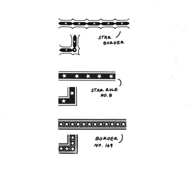 three sizes of double-groove star border, one plain, two decorative with pointed edges and circle details, with annotations labeling the historically recorded names of the cuts
