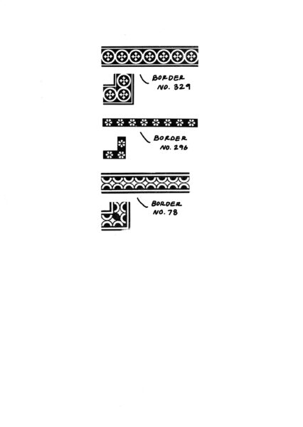 three sizes of decorative circle themed borders, with annotations labeling the historically recorded names of the cuts
