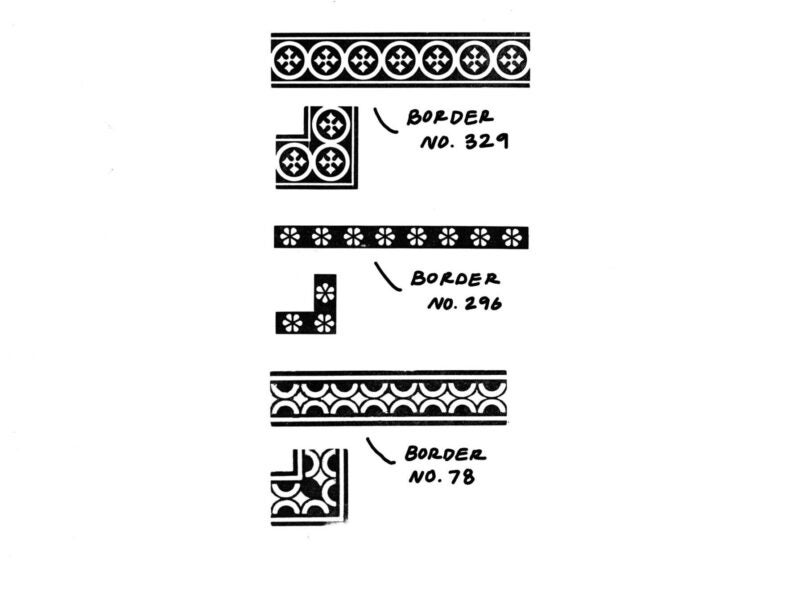 three sizes of decorative circle themed borders, with annotations labeling the historically recorded names of the cuts