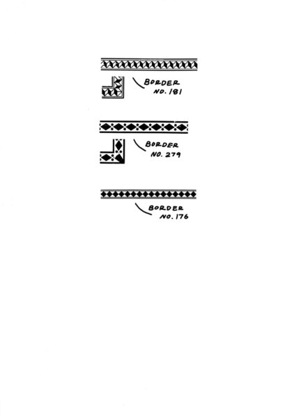 three sizes of decorative diamond themed borders, with annotations labeling the historically recorded names of the cuts