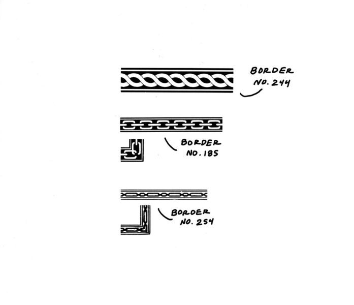three sizes of decorative chain and chain link themed borders, with annotations labeling the historically recorded names of the cuts