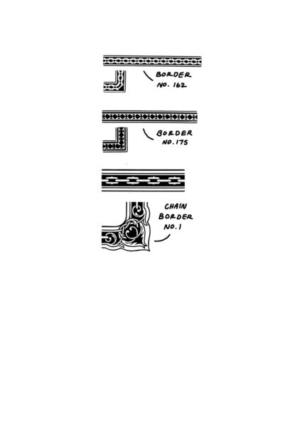 three sizes of decorative chain and chain link themed borders, with annotations labeling the historically recorded names of the cuts