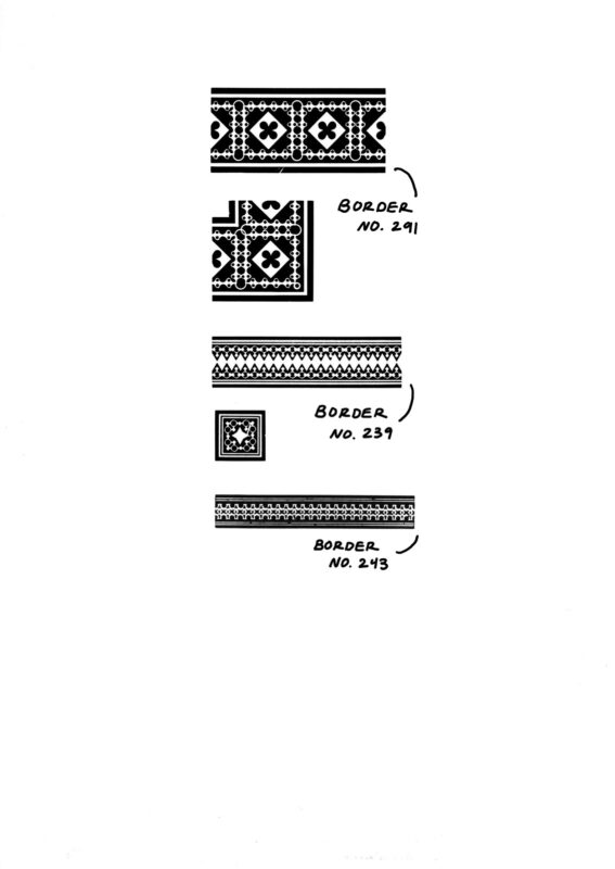 three sizes of decorative pattern borders, with annotations labeling the historically recorded names of the cuts