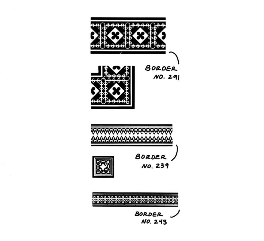 three sizes of decorative pattern borders, with annotations labeling the historically recorded names of the cuts