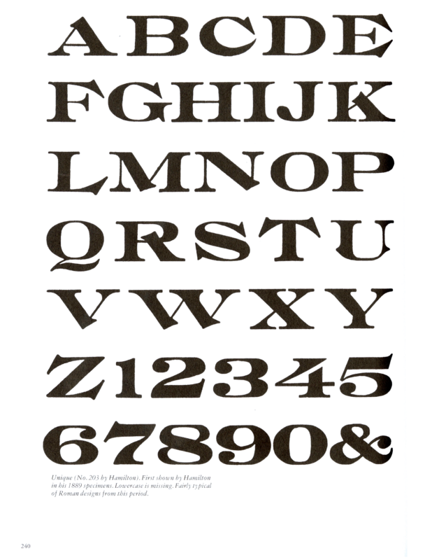Unique (No. 203) specimen book page from American Wood Type 1828-1900 by Rob Roy Kelly