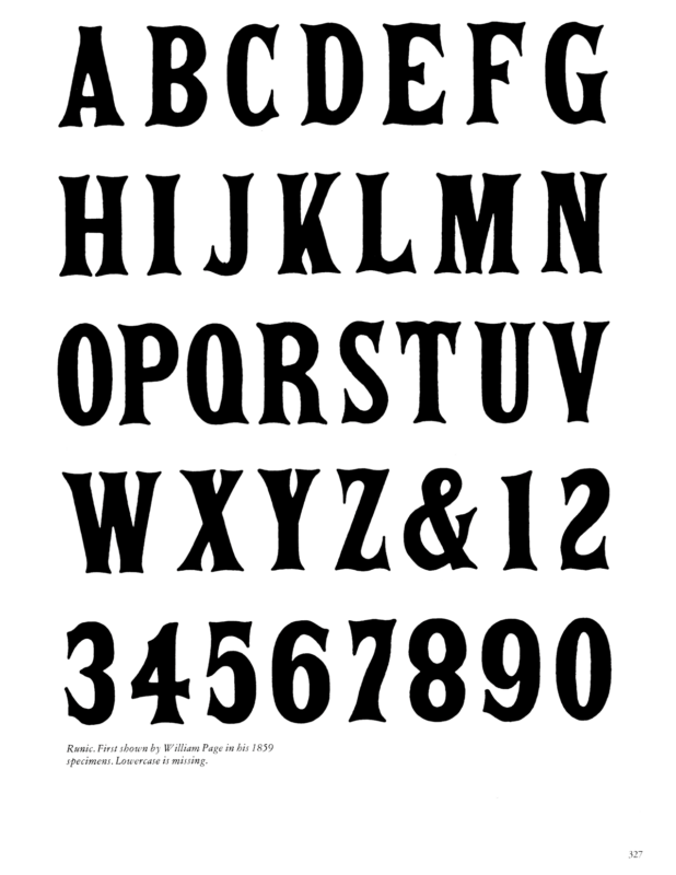 Runic specimen book page from American Wood Type 1828-1900 by Rob Roy Kelly