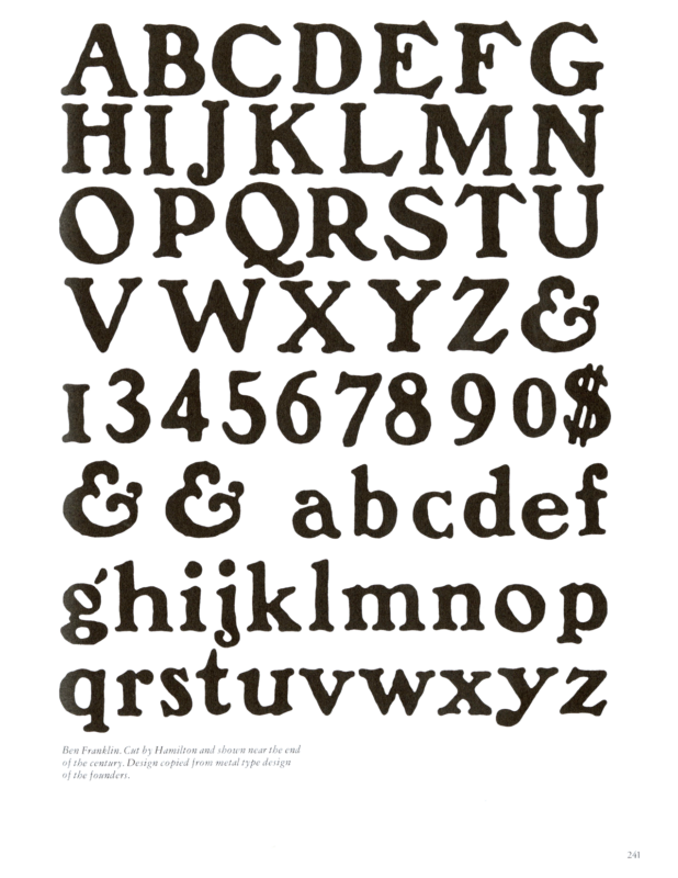 Ben Franklin specimen book page from American Wood Type 1828-1900 by Rob Roy Kelly