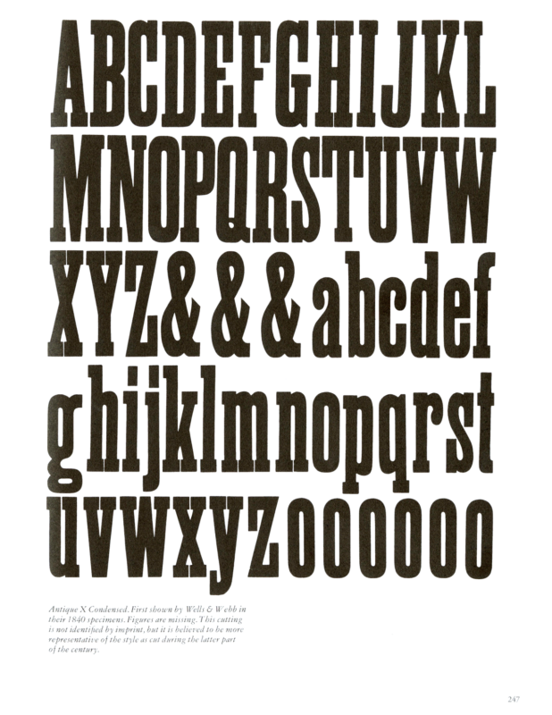 Antique X Condensed No. 3 specimen book page from American Wood Type 1828-1900 by Rob Roy Kelly