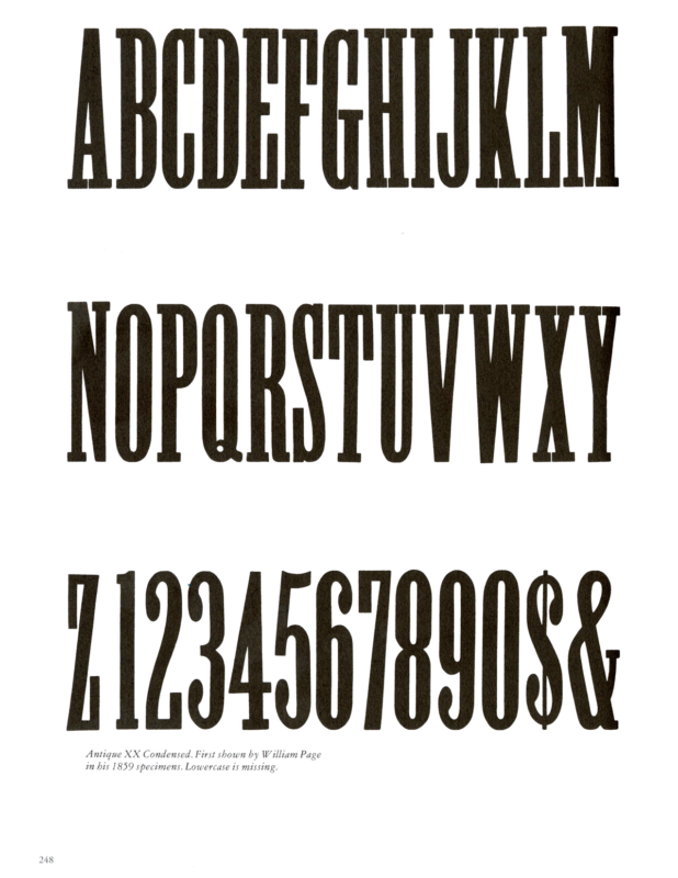 Antique XX Condensed No. 2 specimen book page from American Wood Type 1828-1900 by Rob Roy Kelly