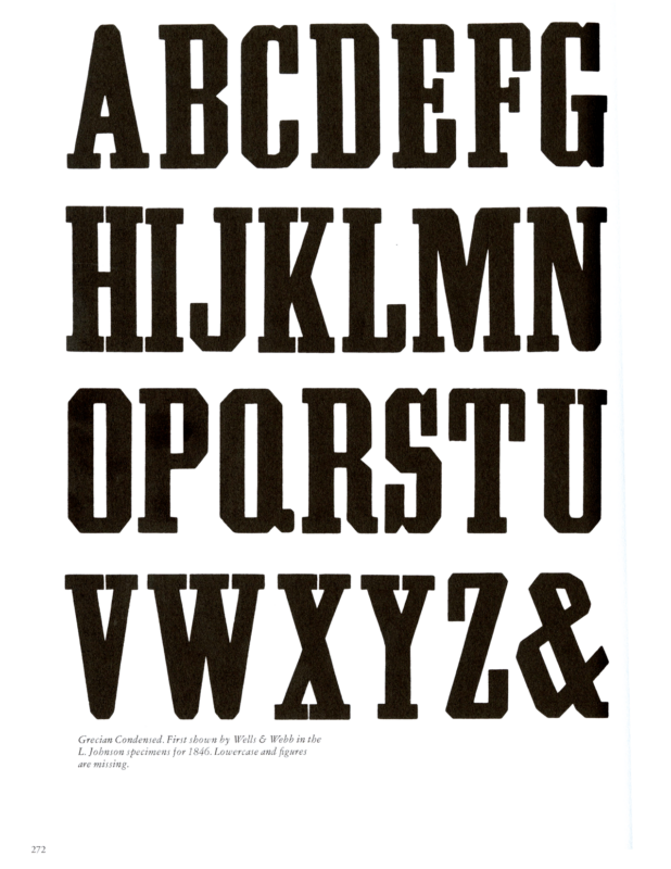 Grecian Condensed specimen book page from American Wood Type 1828-1900 by Rob Roy Kelly