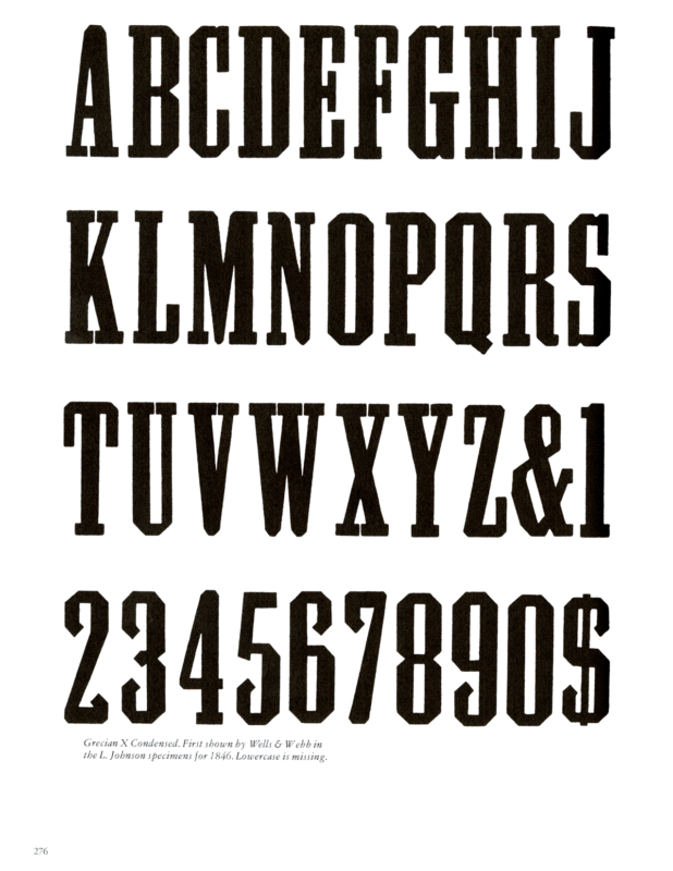 Grecian X Condensed specimen book page from American Wood Type 1828-1900 by Rob Roy Kelly