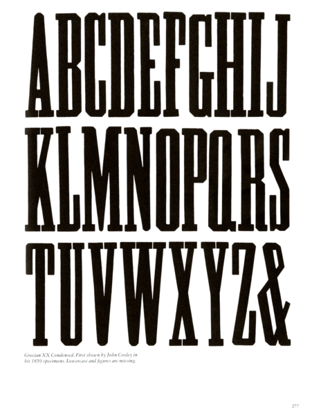 Grecian XX Condensed specimen book page from American Wood Type 1828-1900 by Rob Roy Kelly