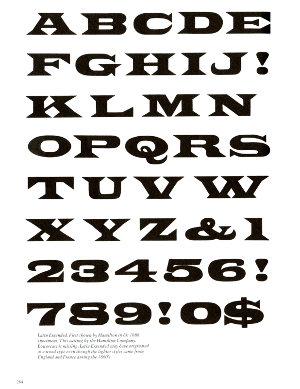 Latin Extended specimen book page from American Wood Type 1828-1900 by Rob Roy Kelly