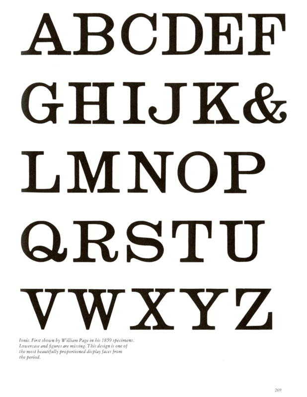 Ionic specimen book page from American Wood Type 1828-1900 by Rob Roy Kelly