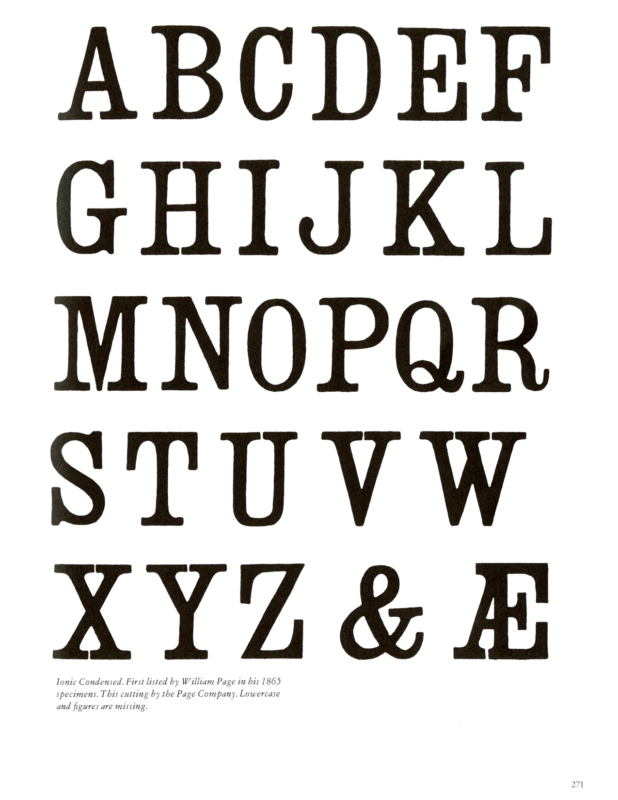 Ionic Condensed specimen book page from American Wood Type 1828-1900 by Rob Roy Kelly