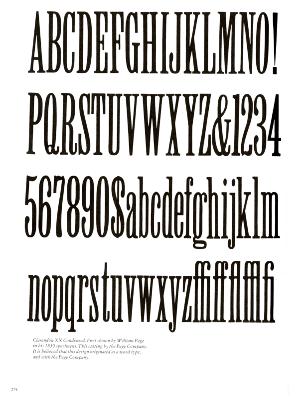 Clarendon Light Face XX Condensed specimen book page from American Wood Type 1828-1900 by Rob Roy Kelly