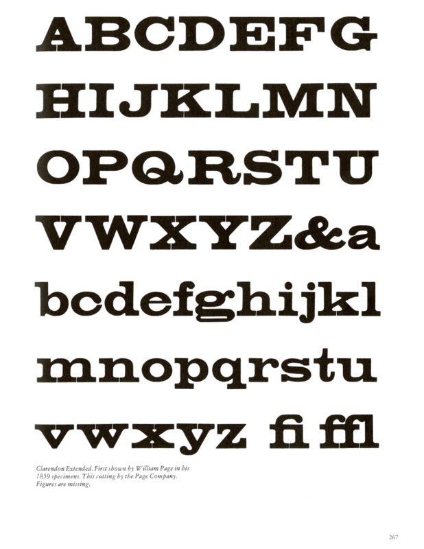 Clarendon Extended specimen book page from American Wood Type 1828-1900 by Rob Roy Kelly
