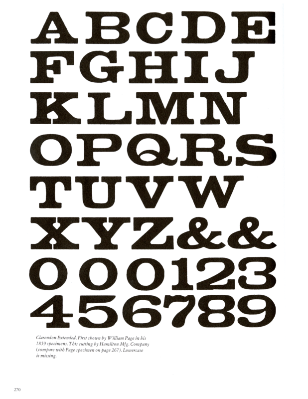 Clarendon Extended specimen book page from American Wood Type 1828-1900 by Rob Roy Kelly