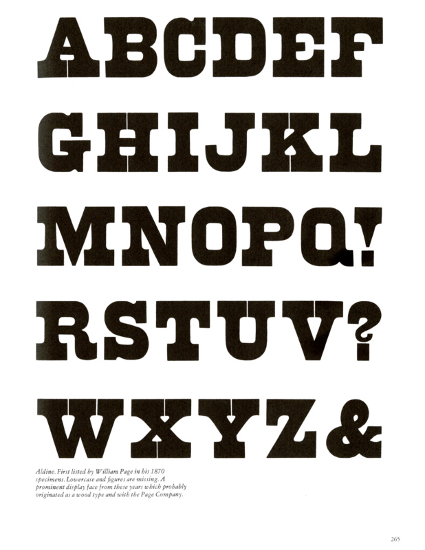 Aldine specimen book page from American Wood Type 1828-1900 by Rob Roy Kelly