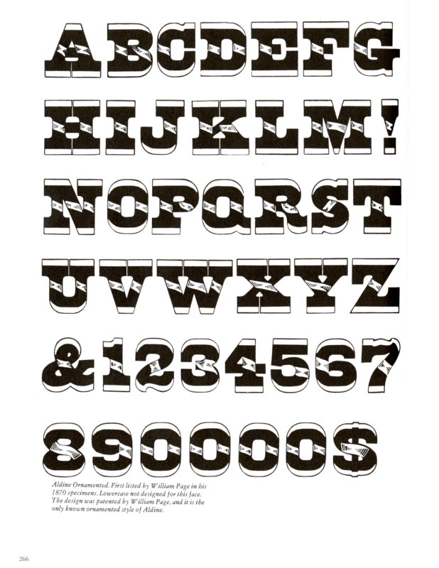 Aldine Ornamented specimen book page from American Wood Type 1828-1900 by Rob Roy Kelly