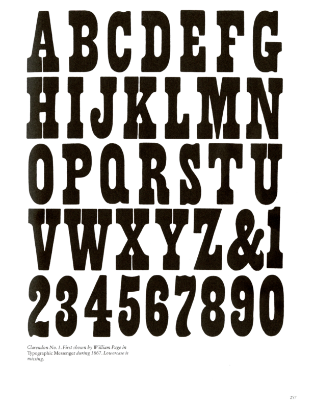 Clarendon No.1 specimen book page from American Wood Type 1828-1900 by Rob Roy Kelly