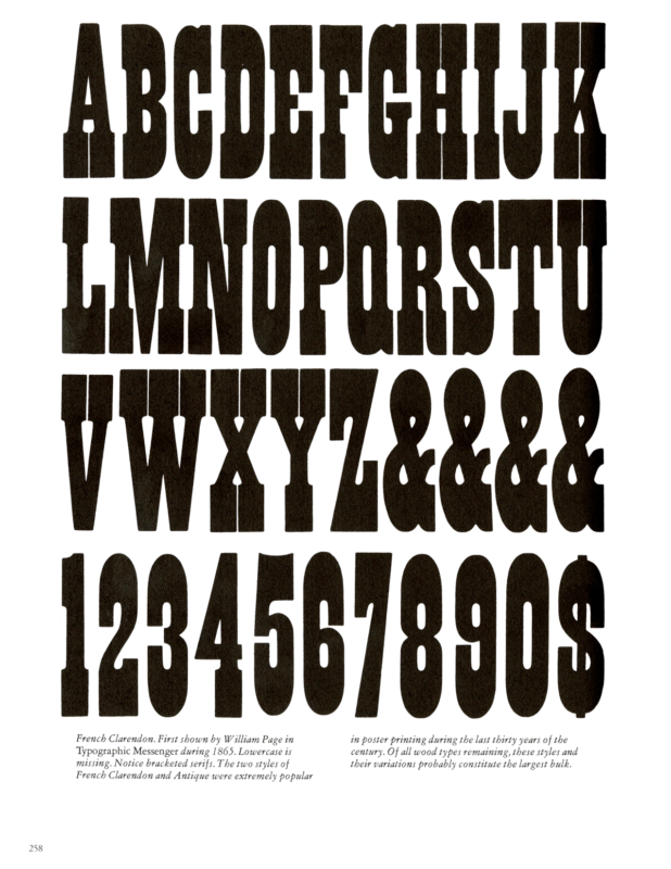 French Clarendon specimen book page from American Wood Type 1828-1900 by Rob Roy Kelly