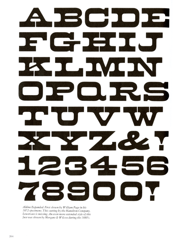Aldine Expanded specimen book page from American Wood Type 1828-1900 by Rob Roy Kelly