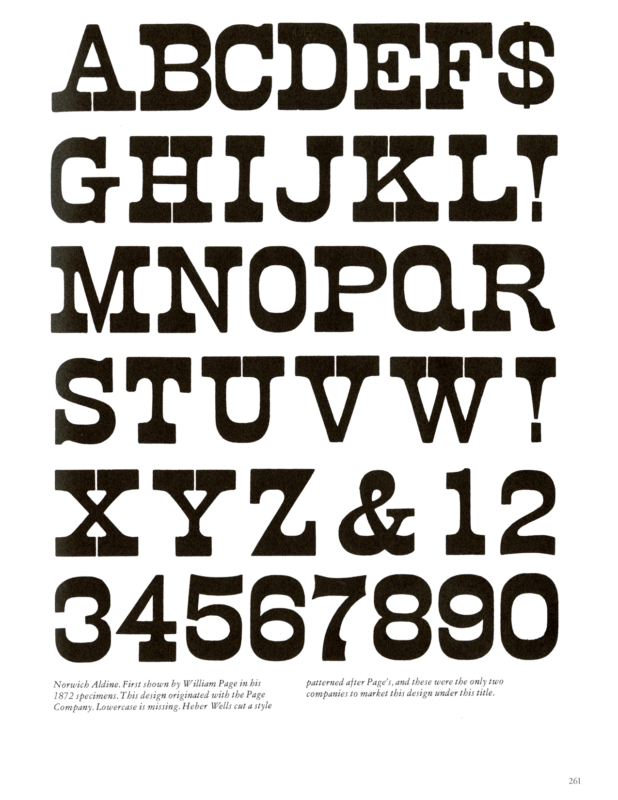 Norwich Aldine specimen book page from American Wood Type 1828-1900 by Rob Roy Kelly